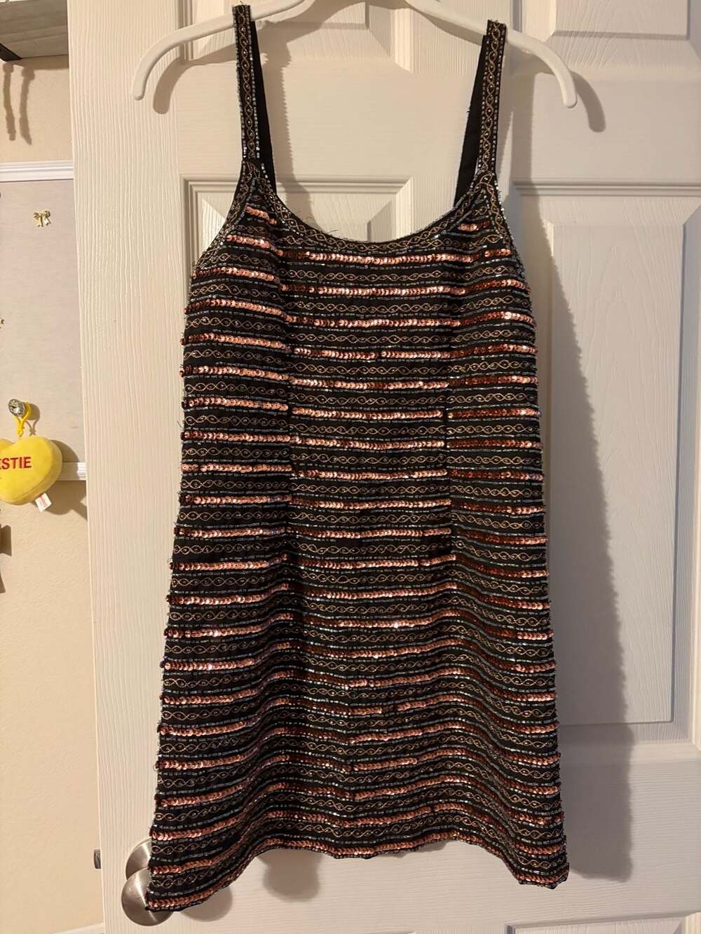 NBD Sequin and Beaded Tank Mini Dress in Metallic Copper and Black